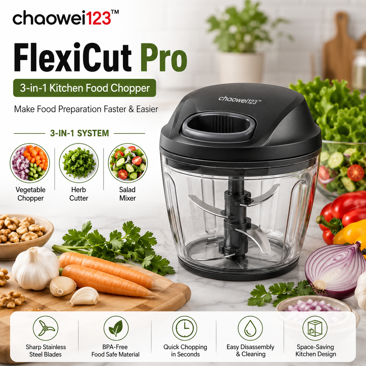 chaowei123™ FlexiCut Pro 3-in-1 Kitchen Food Chopper