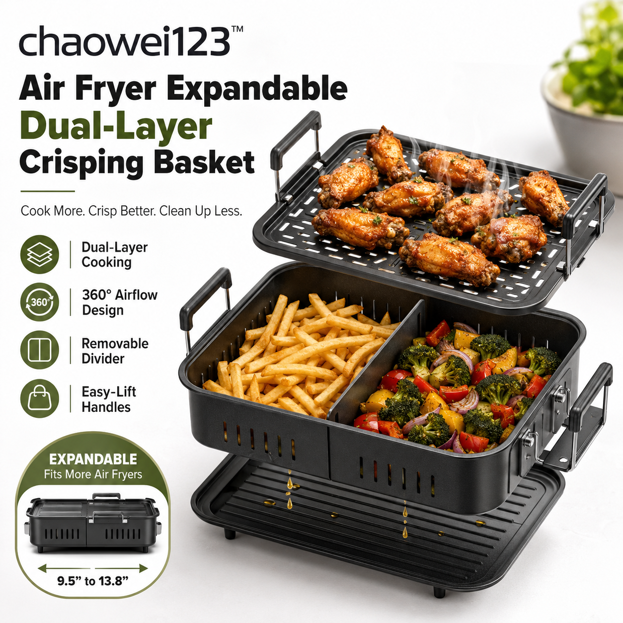 chaowei123™ Air Fryer Expandable Dual-Layer Crisping Basket